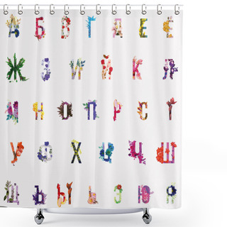 Personality  Multicolored Bright Cyrillic Letters With Plants And Flowers Isolated On White, Russian Alphabet  Shower Curtains
