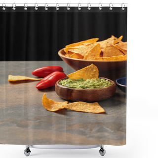 Personality  Mexican Nachos With Guacamole And Chili Peppers On Stone Table Isolated On Black Shower Curtains