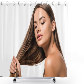 Personality  Beautiful Woman Holding Long Brown Hair Isolated On White Shower Curtains