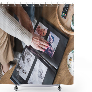 Personality  Cropped View Of Senior Couple Sitting Near Photo Album And Cup On Table Shower Curtains