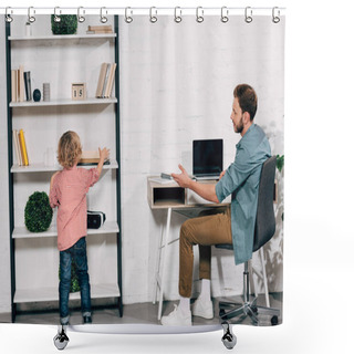 Personality  Man Pointing By Hand To Son While His Putting Book On Shelf At Home Shower Curtains