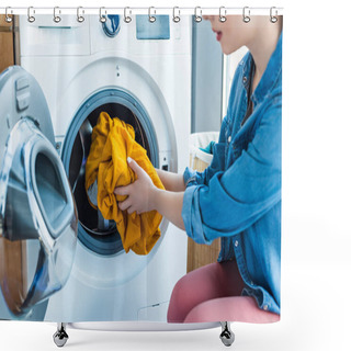 Personality  Cropped Shot Of Young Woman Putting Laundry Into Washing Machine Shower Curtains