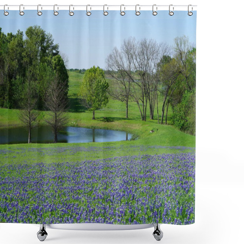 Personality  River In Countryside With Texas Bluebonnet Wildflowers In Full Bloom During Spring Season Shower Curtains
