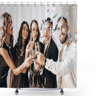 Personality  Beautiful Young Girls And Guys Dressed In Stylish Elegant Clothes Smile  Together And Clink Glasses With Champagne On A White Background In The Studio Confiture Around. Party Time Shower Curtains
