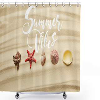 Personality  Flat Lay Of Seashells And Red Starfish On Sandy Beach In Summertime With Summer Vibes Illustration Shower Curtains