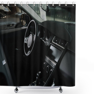 Personality  Black Steering Wheel Near Gear Shift In Luxury Car  Shower Curtains