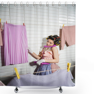 Personality  Asian Young Woman With Hair Curlers Standing In Pink Ruffled Top, Pearl Necklace And White Gloves, Talking On Purple Retro Phone And Looking At Wet Skirt Near Clean Laundry Handing Near White Tiles  Shower Curtains