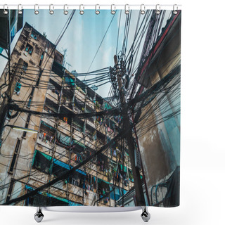Personality  Post With Wires And Grungy Building Shower Curtains