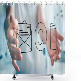 Personality  Businessman On Blurred Background Using Thin Line Contact Icon Shower Curtains