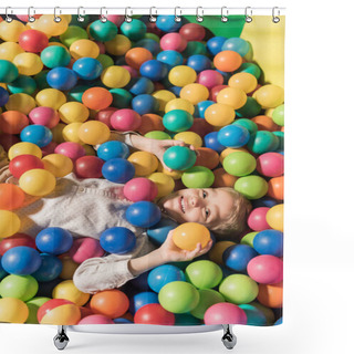 Personality  High Angle View Of Cute Little Boy Smiling At Camera While Lying In Pool With Colorful Balls Shower Curtains