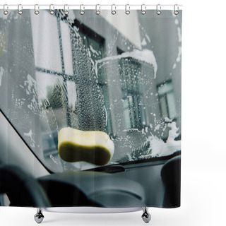 Personality  Wet Yellow Sponge On Windshield Of Car Near Building  Shower Curtains