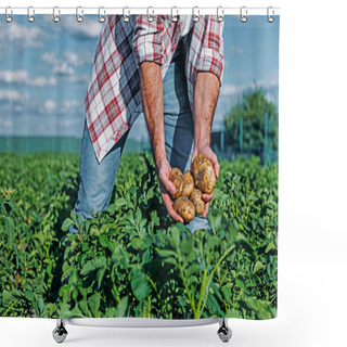 Personality  Partial View Of Man With Potatoes In Hands In Field  Shower Curtains