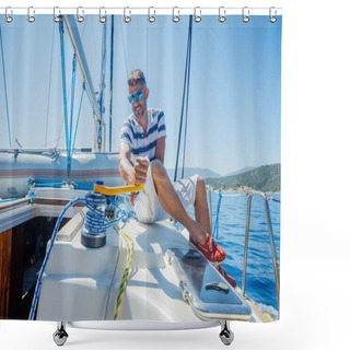 Personality  Young Man Sailing Yacht. Holidays, People, Travel Shower Curtains