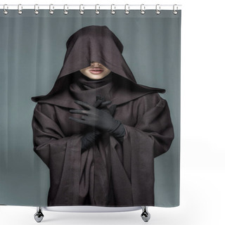 Personality  Front View Of Woman In Death Costume Gesturing Isolated On Grey Shower Curtains