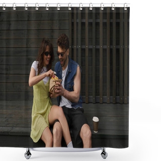 Personality  Cheerful And Trendy Romantic Couple In Sunglasses And Summer Outfits Holding Fresh Bun While Sitting Near Coffee To Go And Wooden House At Background, Countryside Exploration Concept Shower Curtains