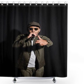 Personality  Eastern Hip Hop Performer In Sunglasses Singing In Microphone And Pointing At Camera On Black Shower Curtains