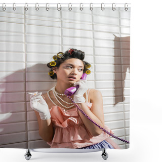 Personality  Fashionable And Asian Young Woman With Hair Curlers Standing In Pink Ruffled Top, Pearl Necklace And White Gloves Smoking And Talking On Retro Phone Near White Tiles, Housewife, Holding Cigarette  Shower Curtains