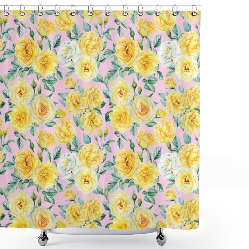 Personality  Delicate Flowers. Yellow Roses, Buds And Leaves, Floral Background, Watercolor Seamless Pattern Shower Curtains