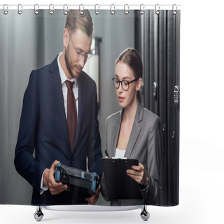 Personality  Handsome Businessman Holding Reflectometer Near Businesswoman In Data Center  Shower Curtains
