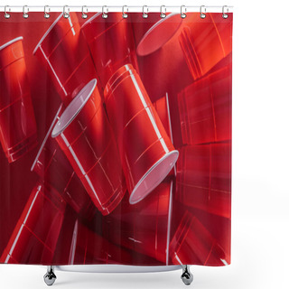 Personality  Top View Of Bright And Colorful Plastic Cups On Red Background  Shower Curtains