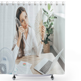 Personality  Businesswoman Cooling Herself With Electric Fan, Hand Fan And Bottle Of Water At Workplace With Documents And Laptop Shower Curtains