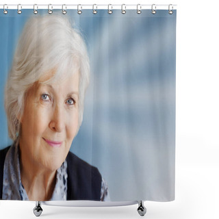 Personality  Elderly Woman On A Blue Background Shower Curtains