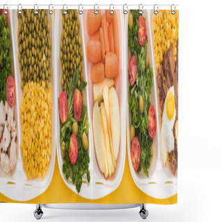 Personality  Panoramic Shot Of Eco Packages With Vegetables, Apples, Meat, Fried Eggs And Salads Isolated On Yellow     Shower Curtains