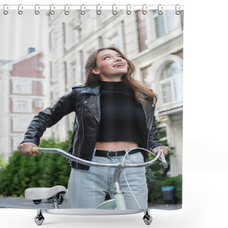 Personality  Smiling Young Woman Standing Near Bicycle And Looking Up On Urban Street Of Europe  Shower Curtains