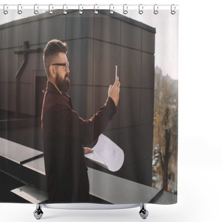 Personality  Serious Adult Male Architect In Glasses Taking Photo And Holding Blueprint On Rooftop Shower Curtains