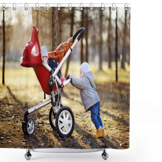 Personality  Toddler Boy Playing With His Stroller At The Warm Spring Day Shower Curtains