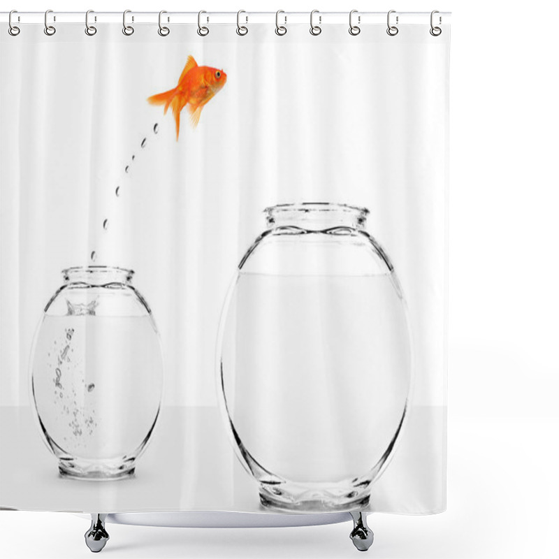 Personality  Goldfish Jumping From Small To Bigger Bowl Shower Curtains