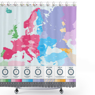 Personality  Europe Time Zones High Detailed Map With Location And Clock Icons.  Shower Curtains