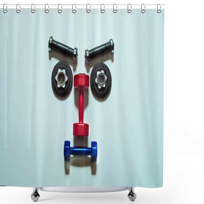 Personality  Top View Of Various Dumbbells And Weight Plates In Shape Of Serious Face Shower Curtains
