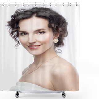 Personality  Studio Portrait Of A Beautiful Brunette With Evening Hairdo And  Shower Curtains