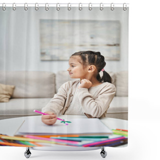 Personality  Distracted Cute Elementary Age Girl Drawing With Color Pencil On Paper In Modern Apartment Shower Curtains