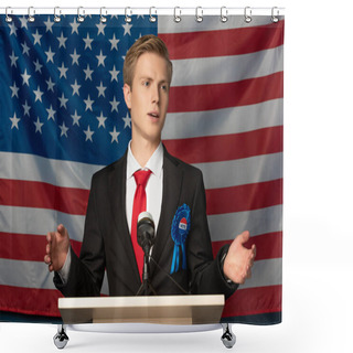 Personality  Man Speaking On Tribune On American Flag Background Shower Curtains