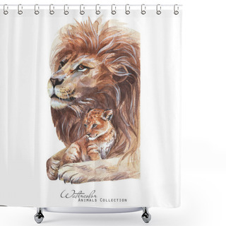 Personality  Lion And Cub Portrait. Lions Family Watercolor Illustration Shower Curtains