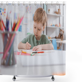 Personality  Portrait Of Preschooler Drawing Picture With Pencils At Table In Classroom Shower Curtains