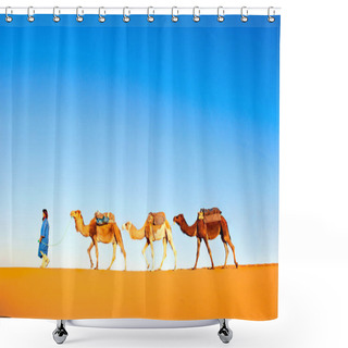 Personality  Camel Caravan Going Through The Sand Dunes In The Sahara Desert. Morocco, Africa Shower Curtains