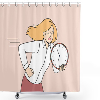 Personality  Running Woman Is Holding Clock And Is Nervous Trying To Comply With Deadlines And Complete Work On Time. Business Woman Making Career As Manager Is In Hurry To Not Be Late And Meet Deadlines. Shower Curtains