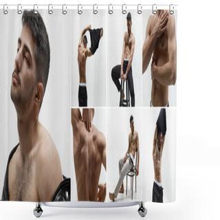Personality  Collage With Attractive, Muscular, Handsome Topless Male Model Posing At Camera Over White Studio Background. Naked Torso, Power, Masculinity, Strength. Concept Of Mens Health, Beauty Of Male Body Shower Curtains