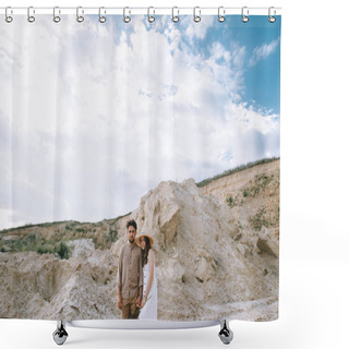 Personality  Couple Holding Hands And Standing In Sand Canyon With Cludy Sky Shower Curtains