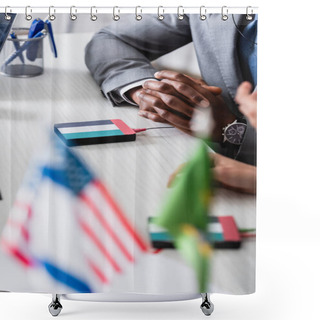 Personality  Cropped View Of African American Businessman Sitting With Clenched Hands Near Digital Translator With Uae Flag Emblem, Blurred Foreground Shower Curtains
