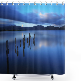 Personality  Wooden Pier Or Jetty Remains On A Blue Lake Sunset And Sky Refle Shower Curtains
