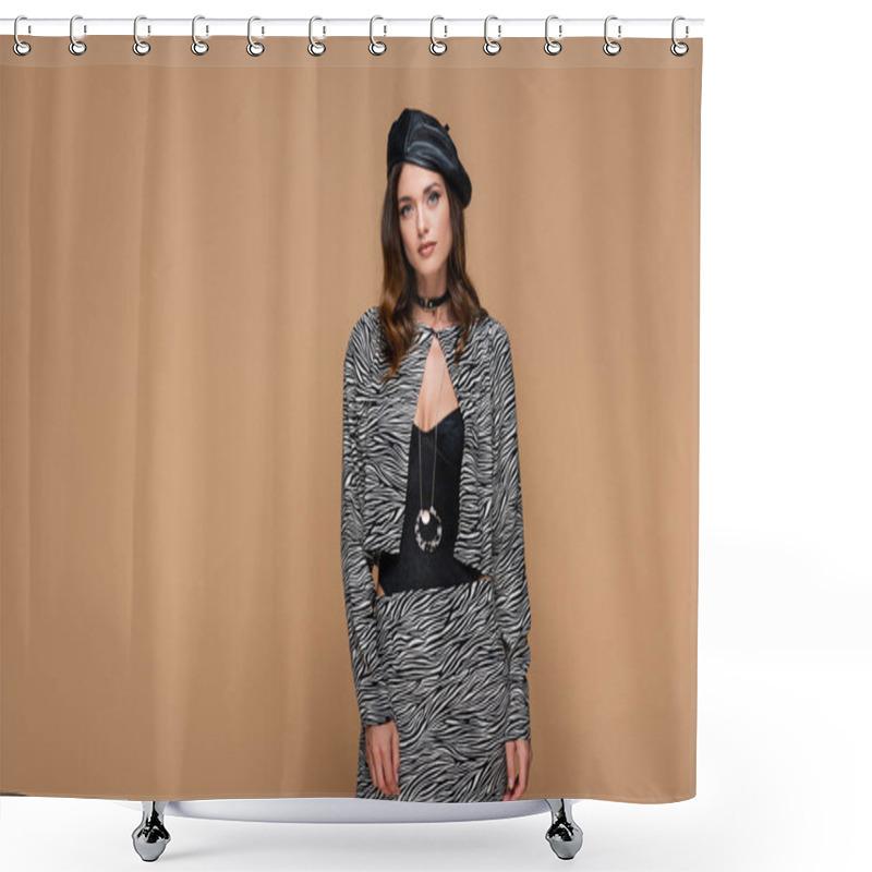 Personality  Trendy Young Woman In Zebra Print Suit And Beret Isolated On Beige Shower Curtains