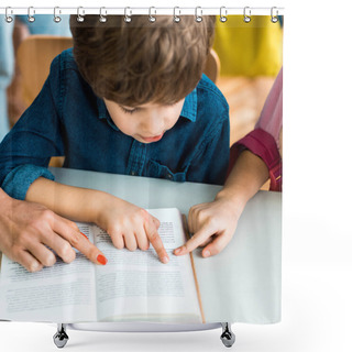 Personality  Cropped View Of Woman And Child Pointing With Fingers At Book Near Boy Shower Curtains