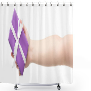 Personality  Panoramic Shot Of Woman Holding Gift Isolated On White Shower Curtains