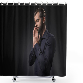 Personality  Side View Of Man Praying Isolated On Black Shower Curtains