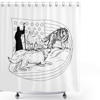 Personality  Drawing Sketch Style Illustration Of A Sheepdog Or Border Collie Defend A Lamb From Being Attacked And Preyed On By Lamb With American Stars And Stripes Flag And Shepherd In Bakcground. Shower Curtains