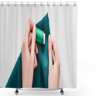 Personality  Panoramic Shot Of Seamstress Holding Colorful Fabric And Thread On White Background  Shower Curtains